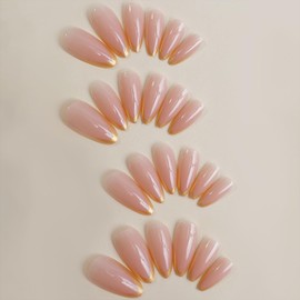 Tyuimhx Gold Glitter French Tip Press on Nails Medium Almond Fake Nails Nude Full Cover False Nails Acrylic Stick on Nails Reusable Glossy Artificial Nails for Women Girls Glue on Nails 24Pcs