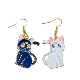 Anime Luna Cat Earrings Cute Cartoon Two-tone Dangle Drop Earrings for Cat Lovers Girls Women Gift Jewelry, Zinc, No Gemstone