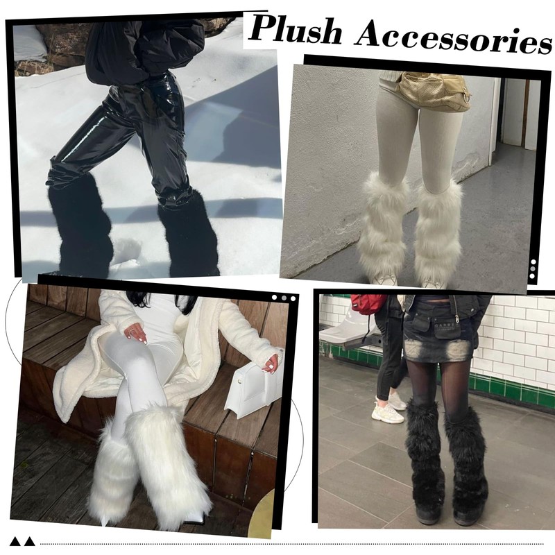 Furry Leg Warmers with Fluffy Wrist Warmers Set, White Faux