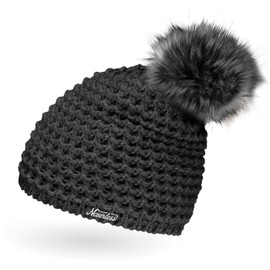 Ladies Faux Fur Knitted Hat with Fur Bobble and Fleece Lined Winter Hat Bobble Hat, Neverless® -