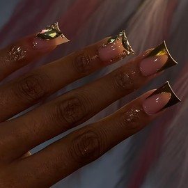 LYMCY Press on Nails, Gold Rhinestone Duckbill Medium False Nail, Artificial Nails for Women and Girls -24 pcs