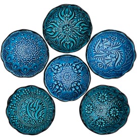 BCS Ceramic Pinch Bowls Set of 6, Small Bowls for Dipping - Cooking Prep & Charcuterie Board Bowls, Soy Sauce Dish, Turquoise Handmade Decorative Serving Dishes (3.2'' - 3 oz)
