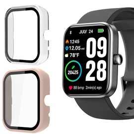 Lamshaw Compatible for TOZO S2 Case, Hard PC Case with Tempered Glass Screen Protector Compatible with TOZO S2 44mm 1.69-inch Smart Watch (2 pack-Pink+Clear)