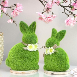 com-four® 2x decorative figure - Easter bunny with bow and flowers - ceramic rabbit figure for spring and Easter - pair of rabbits covered with artificial grass - Easter decoration (2 x bunny 20 cm)