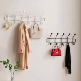 2-piece set; no-hole hook Coat Rack Wall Mounted, Metal Heavy Duty Coat Hooks Rail,for Bedroom,Bathroom Dorm Hanging Towel Clothes Hat Jacket etc Strong load-bearing capacity (2 white, 5 hooks)