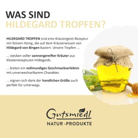 Gutsmiedl – Hildegard Tropfen mit 5 stärkenden Heilkräutern nach Hildegard von Bingen – Notfalltropfen mit Habichtskraut, Galgant, Kampfer, Fenchel & Veilchen – 100% natürlich & Made in Germany (20ml)