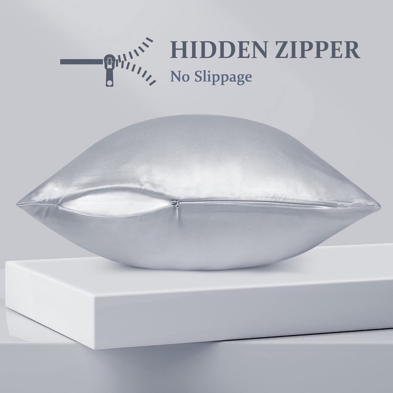 LULUSILK Silk Pillow Cases 2 Pack with Hidden Zipper, Silvergrey