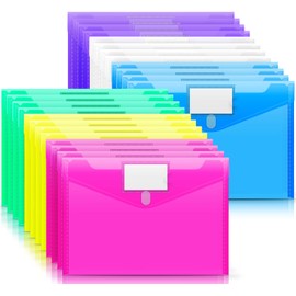 Sooez 24 Pack Plastic Envelopes Poly Envelopes, Clear Document Folders US Letter A4 Size File Envelopes with Label Pocket for Home Work Office Organization, Assorted Color