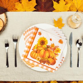 50Pcs Plaid Fall Cocktail Napkins, Thanksgiving Square Paper Dinner Napkins Disposable, Autumn Pumpkin Maple Leaf Luncheon Hand Towels for Picnic, Baby Shower, Birthday, Wedding, Harvest Party