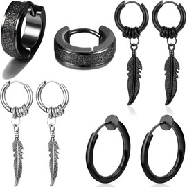 WOZNU 8 Piece Men's Earrings Stainless Steel Hoop Earrings Cross Feather Pendant Earrings Set Stud Earrings for Men Women Cool Kpop Earrings Set