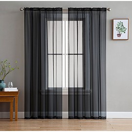 HLC.ME Black Sheer Voile Window Treatment Rod Pocket Curtain Panels for Bedroom and Living Room (54 x 84 inches Long, Set of 2)