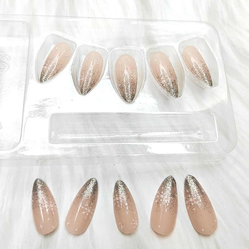 Christmas Gold Glitter French Tip Press on Nails Medium Almond