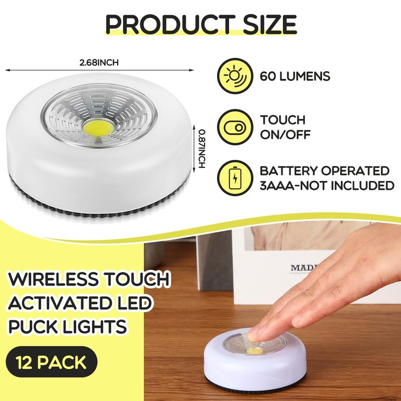 Macarrie 12 Pack Wireless LED Puck Lights, Under Cabinet Lighting,
