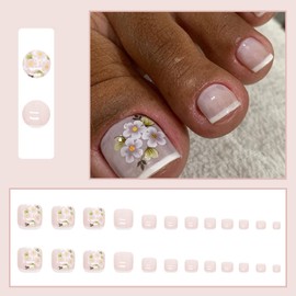 Pack of 24 Artificial Toenails French Short Square False Toenails White Flowers Natural Full Cover Acrylic Stick on Toenails Kit for Women and Girls Nail Decoration Art