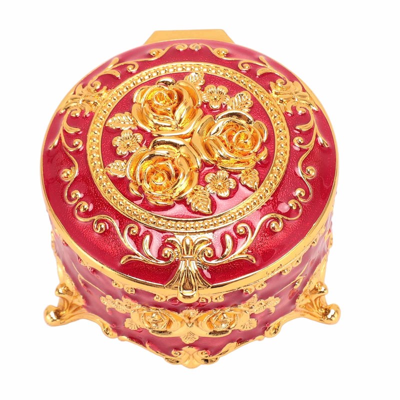 Vintage Metal Jewelry Box Round Exquisite Hand Carved Gold Flower