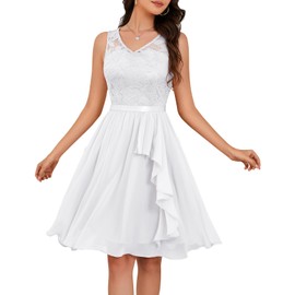 Meetjen Wedding Guest Dress for Women 2025 Formal Short Cocktail Party Lace Chiffon Teens Prom Dresses White M