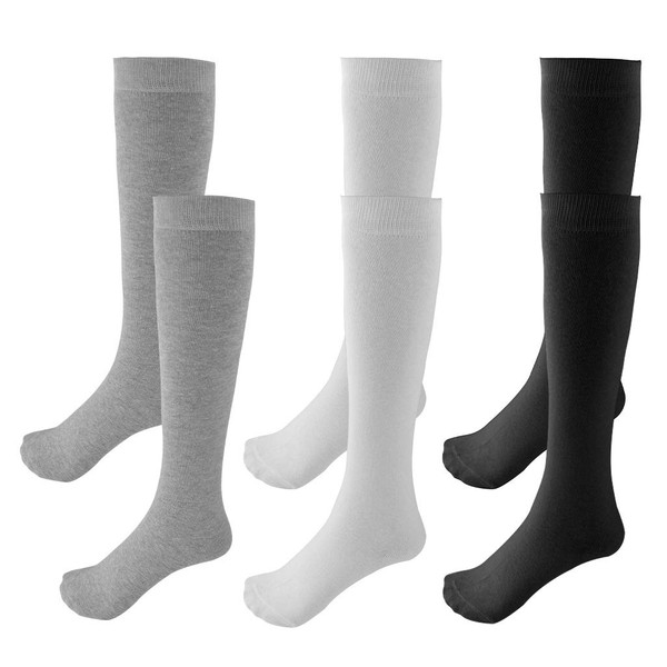 Topbuti 3 Pack School Uniform Cotton Knee High Socks Black White Grey Knee High Socks for Girls and Boys