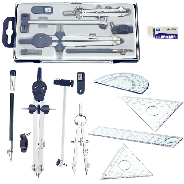 12 Pieces Geometry Set with Metal Compass, Ruler, Triangle, Protractor,