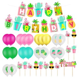 Uniquer Beach Theme Party Decorations Set,Happy Birthday Banners Latex Balloons Cupcake Toppers,Hawaiian Tropical Party Decorations