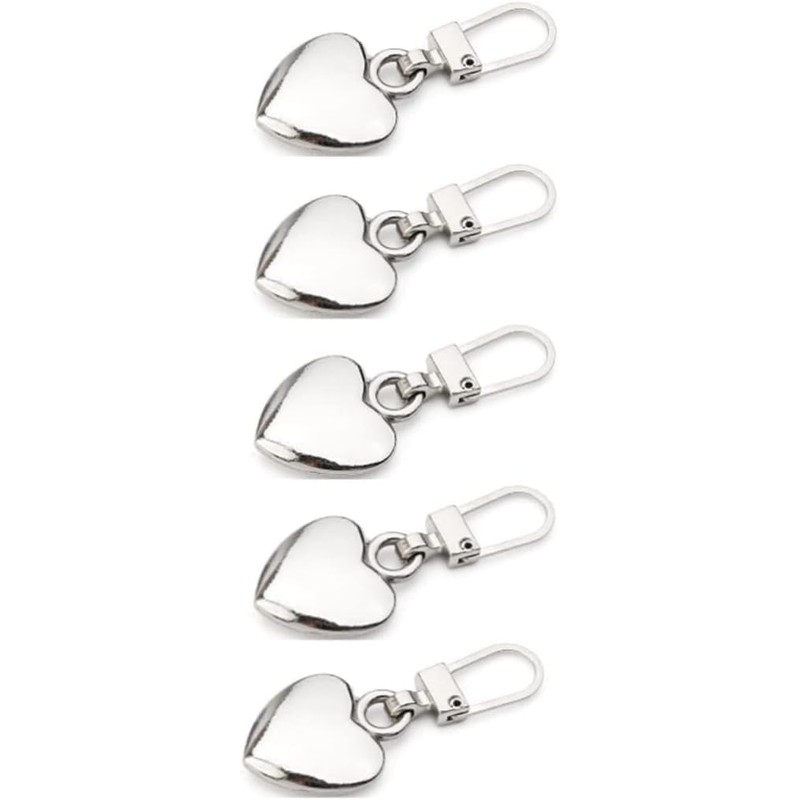 5Pcs Silver Heart Shape Zipper Pull Replacement Kit for Coats