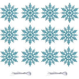12 Pieces White Snowflake, 10CM Glitter Snowflake Hanging Glitter Snowflake Decorations Christmas Tree Decor for Holiday Christmas Party, Xmas Home Décor, Blue