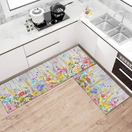 Ideasonna Spring Kitchen Mats Colorful Spring Kitchen Rugs Sets of 2, Floral Kitchen Rug Washable Non-Slip Kitchen Floor Mat Spring Kitchen Home Decor