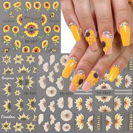 5D Engraved Sunflower Nail Art Stickers Decals Yellow Lotus Flower Acrylic Embossed Sliders Nail Art Supplies Summer Nail Stickers Manicure Decoration for Women Girls Nails Painting Charms Accessories