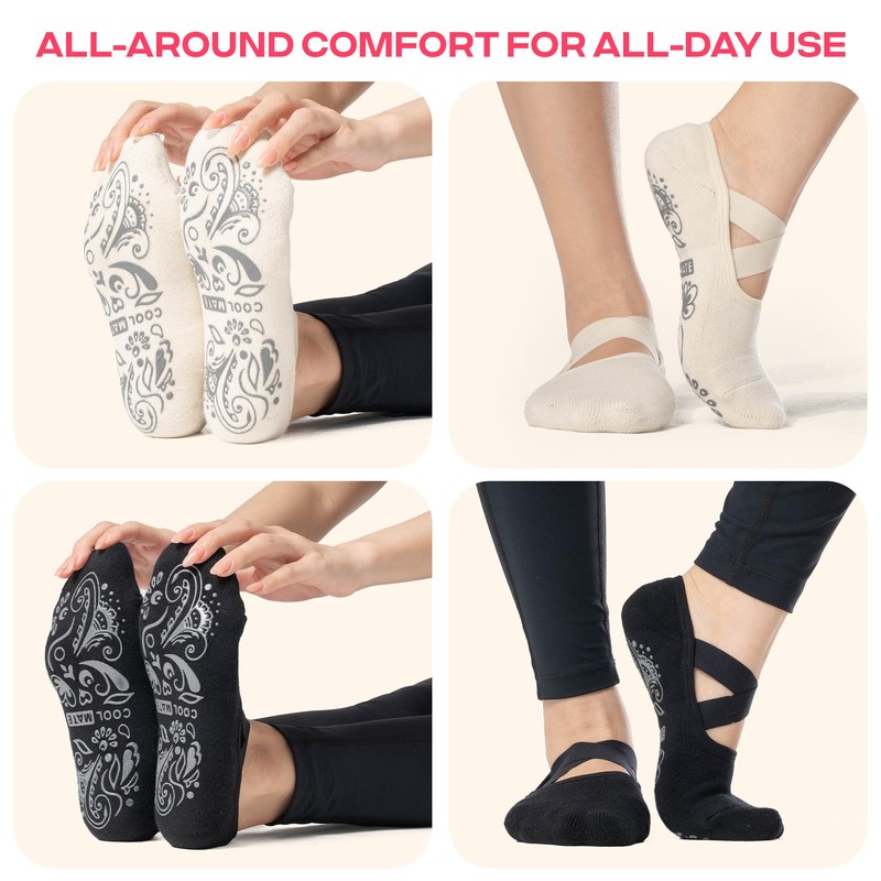 COOLMATE Barre Elastic Strap Yoga Socks for Women Non Slip