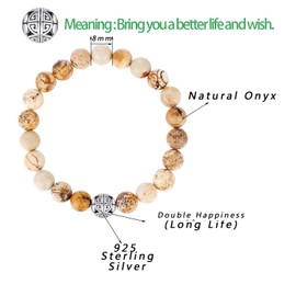 Natural 8mm Gemstones MetJakt Healing Crystal Stretch Beaded Bracelet Bangle with 925 Sterling Silver Double Happiness Pendant (Picasso Jasper)