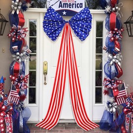 Norme Extra Large Patriotic Outdoor Decor 250th 4th of July Front Door Bow Decorations 27 x 78 Inch Giant Veterans Day Bow for Wreath Red Blue American Flag Stars Decor for Memorial Day Tree Wall