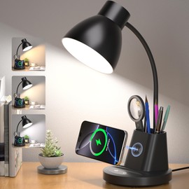Sailstar Desk Lamp for Home Office, 10W Wireless Charging, Eye-Caring LED Desk Light, CRI 95+ 3 Color Modes Stepless Dimming Pen Holder, 360° Flexible Arm Desk Lamps for College Dorm, Adapter Included