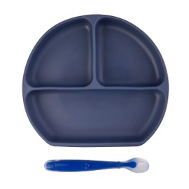 PAPU BABY Plato con divisiones y cuchara de silicón para bebés. Libres de BPA. Plato con succión. Silicón de grado alimenticio. Alimentación independiente.(Azul Marino)