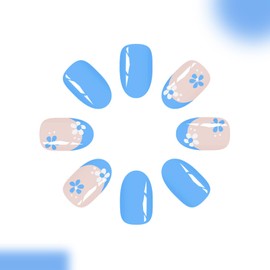French Tip Press on Nails Short Almond Fake Nails with Designs Cute Flower Glue on Fingernails Blue Summer Acrylic Nails Glossy Artificial Nails Full Cover Stick on Nails for Women