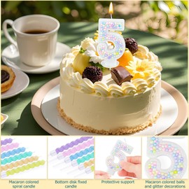 Zuiaso Number Birthday Candle with 12PCS Spiral Candles and A Birthday Card - Perfect for Celebrating Birthdays (Macaron Glitter, Number 5)