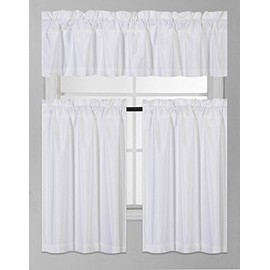 Elegant Home Collection 3 Piece Solid Color Faux Silk Blackout Kitchen Window Curtain Set with Tiers and Valance Solid Color Lined Thermal Blackout Drape Window Treatment Set #K3 (White)