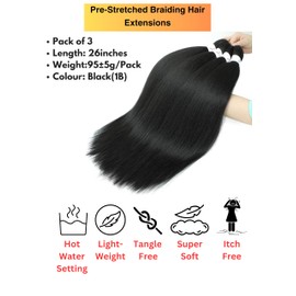 BillionHers Pre Stretched Braiding Hair 3 Pack Synthetic Yaki Hair Extensions for Braiding Knotless Braids 26 Inches Natural Black Braiding Hair (Black (1B)
