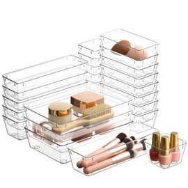 Clear Drawer Organizer - 25 Pieces - Great Plastic Storage Tray Organizers for Organizing Makeup in Bathroom Vanity, Desk Drawers or Nightstand.