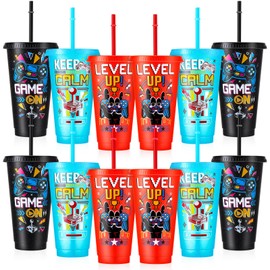 XLSXEXCL 12 Pcs Gamer Party Cups with Lids and Straws Video Game Tumbler 24 oz Plastic Drinking Cups for Gaming Party Favors