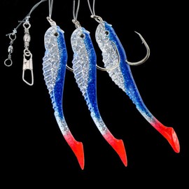 DEGA Rubber Fish Leader with Reflective Film, 3 Rubber Fish, Three Colours, Line 0.80 mm, Hook Size 7/0 (Blue Glitter)