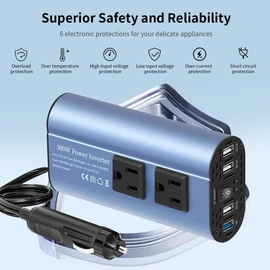 TAGEEBLU 300W Car Power Inverter, DC 12V to 110V AC Car Plug Adapter Outlet with USB-Fast Charger(25W)、 USB-A（20W） and Dual AC Outlet, QC3.0, 4 USB Ports, Car Charger for Laptop、Phone, etc | TAGEEBLU