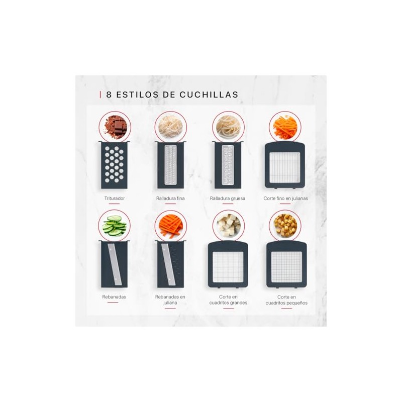 Cookify Rallador y Cortador de Verduras Mandolina 8 Cuchillas Gris