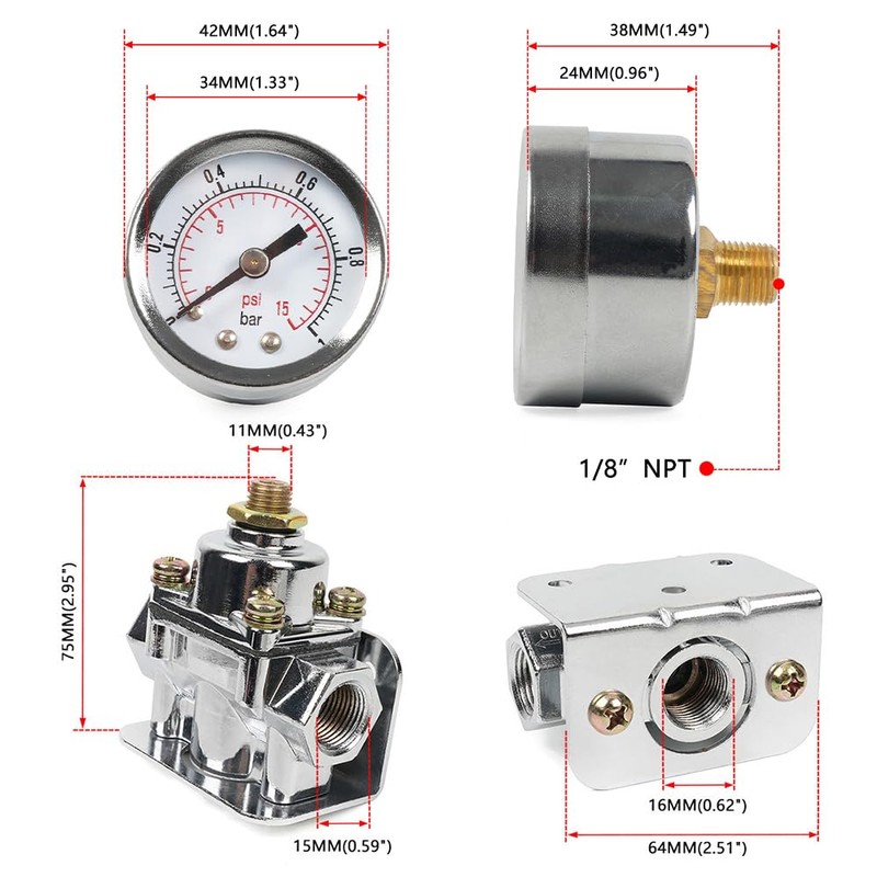 BARTOO Upgrade Adjustable Fuel Pressure Regulator Carburetor with Gauge, 1-4