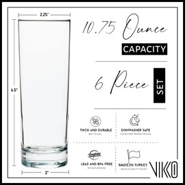 Vikko Highball Glasses with Weighted Base, 10.75 Ounce Drinking Glass, Set of 6 Collins Glasses for Juice, Water, Beverages and Cocktails