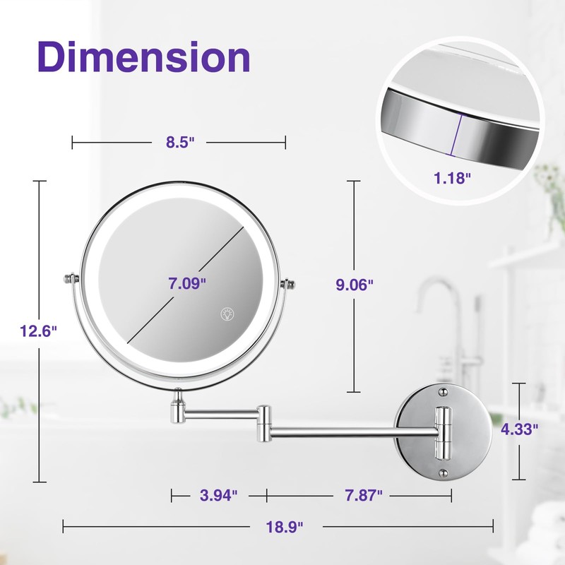 GREENFROM Wall Mounted Lighted Makeup Mirror: 8.5 Inch Double Sided