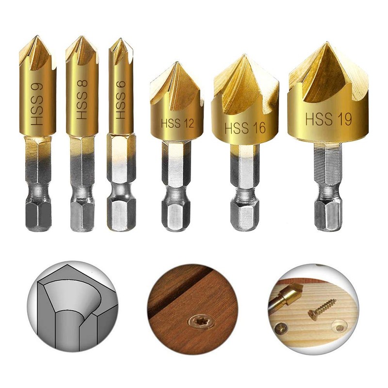 Beenle-Icey 6-Piece Countersink Set Hexagonal Countersink Drill Bit 90° Angle
