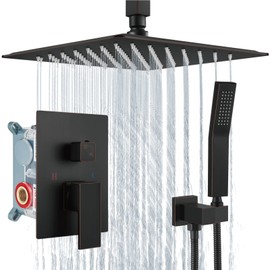 Aolemi Ceiling Mount Shower System Rain Shower Head with Handheld Spray High Pressure Shower Faucet Set Rough-in Valve Shower Trim Kit Included Bathroom Oil Rubbed Bronze 10 Inch Ceiling Shower Head