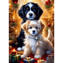 QENSPE 5D Diamond Painting Christmas Complete Dog Diamond Painting Set for Adults, Puppy Diamond Art Painting DIY Diamond Art Craft for Beginners Wall Decor 30 x 40 cm