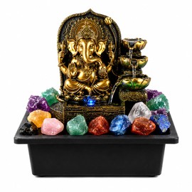 11" Indoor Ganesha Fountain with 4-Tier Lotus Waterfall & 10 Crystal Stones, Tabletop Zen Water Fountain for Home Office Meditation Decor