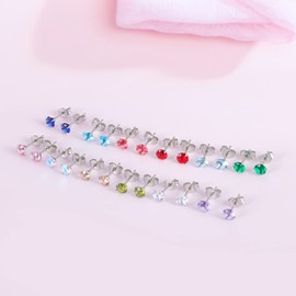 12 Pairs 18K Gold Plated Surgical Stainless Steel Stud Earring, Star Heart teardrop Square Cubic Zirconia Birthstone Stud Earrings Set (Silver round 3mm)