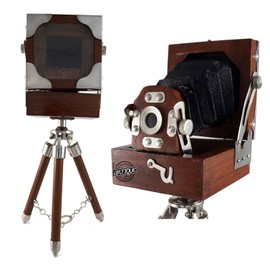 Vintage Camera Wooden Mini on Tripod Stand Table Top Collectible Studio Gift Item Desk Decorative Antique Film Model Camera Home Decor Premium